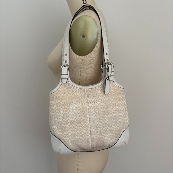 Vintage COACH Off White Small Signature Fabric Print Leather Trim Shoulder Bag - Picture 1 of 12